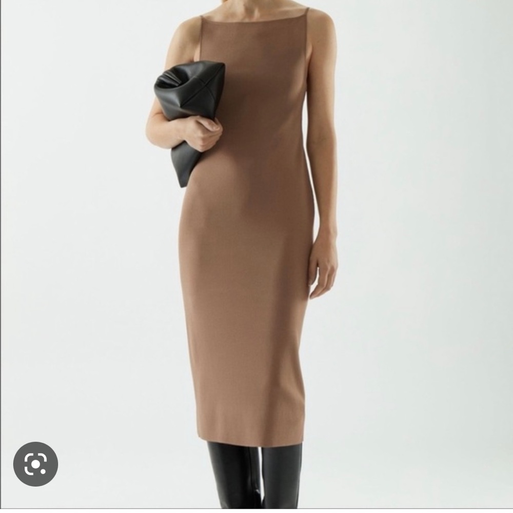 Cos square neck knitted midi dress. Size small. Beige/tan.